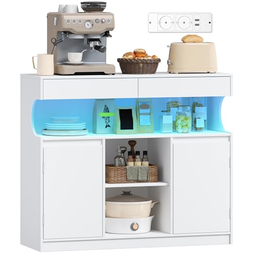 Hzuaneri Sideboard, Küchenschrank mit Steckdosenleiste und LED-Licht, Aufbewahrungsschrank, 2 Schubladen und 2 Türen, Verstellbaren Regalen, Buffetschrank, Esszimmer, Küche, 30×100×85cm, Weiß SC64903X