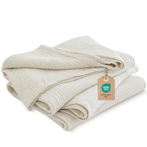 PHF 100% Baumwolle Musselin Decke 220x240cm, 4-lagige weiche hautfreundliche & atmungsaktive Tagesdecke, Ganzjahres-Komfort Oat Milk Sofaüberwurf Couchdecke für Bett Sofa, Hafermilch