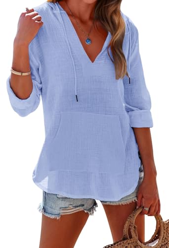 Fisoew Damen Kapuzenpullover Langarm T-Shirts Baumwolle Strandtunika V-Ausschnitt Strandkleider mit Taschen Sweatshirt Strand Vertuschen Shirt