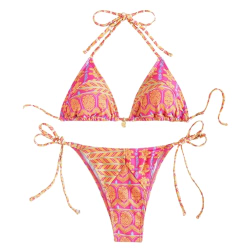 Generisch 2025 Damen-Bikini-Sets, hoch taillierte Badeanzüge, Zweiteilige Badeanzüge, Blumendruck, sexy Triangel-Bikinis Jungen Sweatshirt (Orange, S)