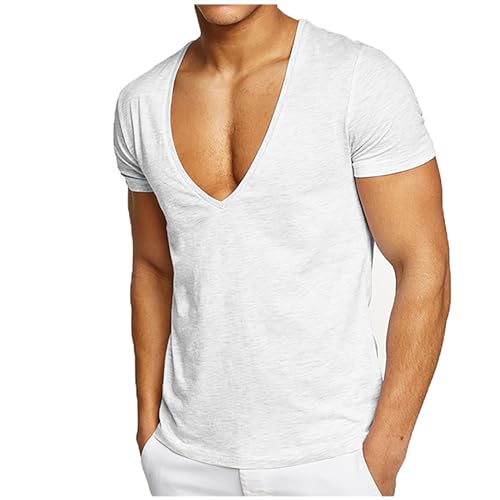 T Shirt Herren Unterhemden Männer Top mit Tiefer V-Ausschnitt Sexy Herren Unterwäsche Trägershirt Kurzarm Shirt Feinripp Slim Fit Unterhemd Shirt Achselshirt Prime Weiß M