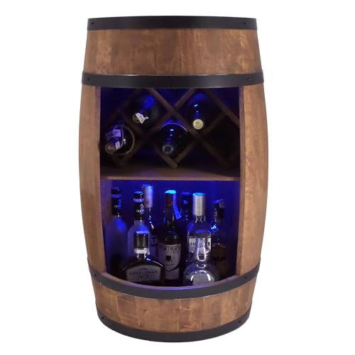 CREATIVE COOPER Fass bar mit Weinhalter - Weinregal LED RGB - Holzfass Hausbar 80x50cm - Rustikaler deko Barschrank Weinständer – Weinschrank (Dunkelbraun)