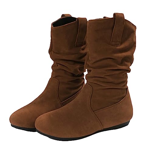 Stiefeletten Damen Herbst Flach - Braun Schuhe Mit Weichen GefüTtert Zehen Kunstleder Schlupfstiefel Halbhoch Stiefel Winterschuhe Bequem Freizeit Stiefel Gr.37-41