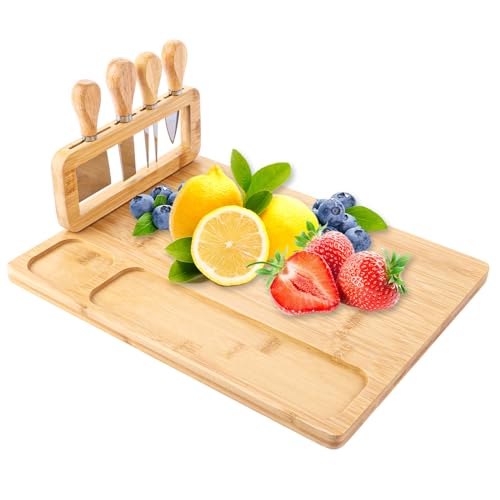 GBACHOOSE Bambus Käsebrett mit Käsemesser Set, Käsebrett mit Messer, Charcuterie Board, Käseplatte, Holzbrett Käseplatte, Käsebrett Holz, Charcuterie Board Set für Käse, Häppchen, Gekochtes Essen