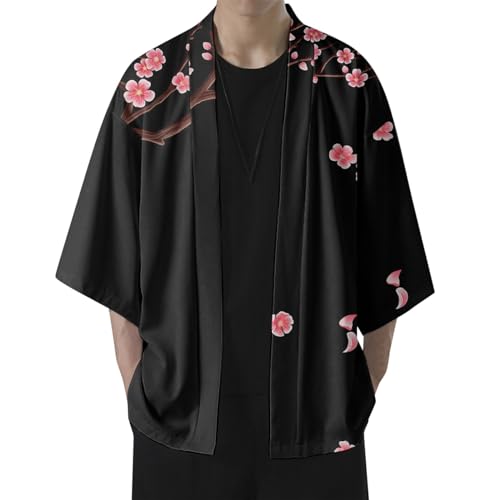 Generisch Japanische Leinen Cardigan Herren Kimono Traditioneller Haori Jacke Stickerei Übergangsjacke Mantel Retro Hanfu Samurai Kostüm Kleidung Weich Strickjacke Bademäntel