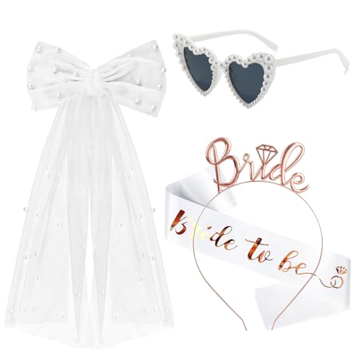 4 Stück JGA Accessoires Frauen, Bride to Be Weiß Schärpe Schleier, Junggesellenabschied Herz Sonnenbrille Perle, Rosegold Haarreif Braut, JGA deko frauen