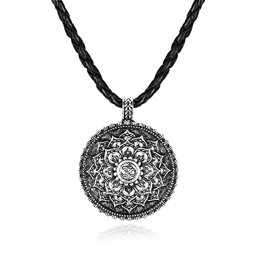 Zysta Blume des Lebens Anhänger OM Kette Mandala Lotusblume Lebensblume Lederkette Wikinger Schmuck Amulett für Damen Herren (Lebensblume)