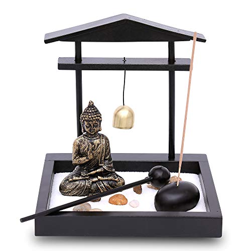 Flanacom Zen Garten mit Buddha Figur - Japanischer Miniatur Garten - Feng Shui Räucherstäbchenhalter - Esotherik Set mit 3 Räucherstäbchen - Glücksbringer aus dem Buddhismus und Daoismus (mit Gong)