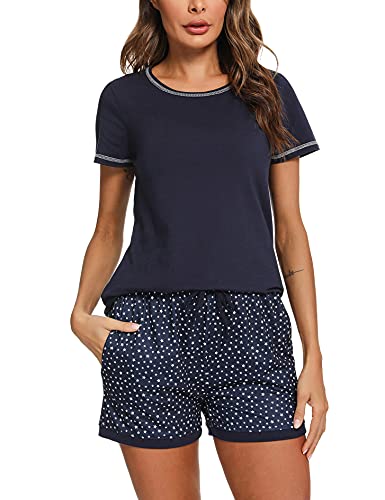 Schlafanzug Damen Kurz Pyjama Baumwolle Kurzarm Pyjamas Set Star Nachtwäsche Set Zweiteiliger mit Damen Pyjamahose und Shirt Rundhals Elastischer Bund Taschen Sleepwear für Sommer, Navy blau, S