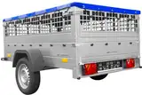 UNITRAILER Großer Anhänger bis 750 kg Garden Trailer 201 Kipp mit Jockey-Rad, Gitterseiten und flachen Plane, Blau auf dem Gestell