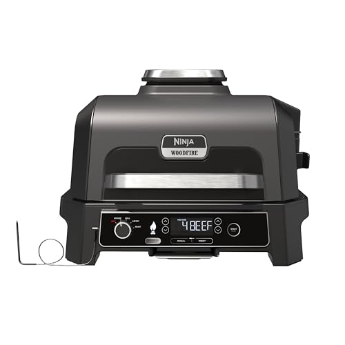 Ninja Woodfire Pro XL Elektrogrill,großer 4-in-1-Außengrill mit Smoker-& Heißluftfritteuse mit Smart Cook-System und integriertem Thermometer,Holzfeuer-Pellets, wetterfest,tragbar,Grau/Schwarz OG850EU