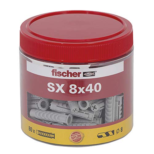 fischer Spreizdübel SX 8 x 40, handliche Runddose mit 80 Nylondübeln, Dübel für optimalen Halt bei Befestigungen in Beton, Hochlochziegel, Porenbeton, Vollziegel uvm.