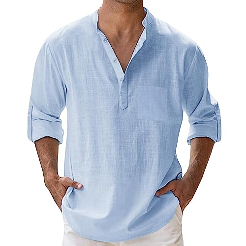 Sommerhemd Herren Langarm Leicht Und Luftig Bügelfrei Slim Fit Freizeithemd Sommer Lang Stehkragen Leinenhemd Schwarz Baumwolle 4XL Herrenhemden Casual mit Tasche Men Shirts