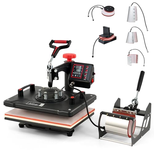 CREWORKS Transferpresse Rot 38x30cm Heißpressmaschine 8-IN-1 Wärmepressmaschine Hitzepresse 360 Grad Schwenkbar Tassenpresse und Kappenpresse, Tassen-, Hut-, Kappen- und T-Shirt-Druckmaschine