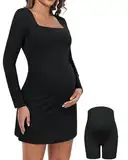 24AW Maternity Plus Size Tennis Kleid Quadratischer Ausschnitt Lange Ärmel Schwarz L