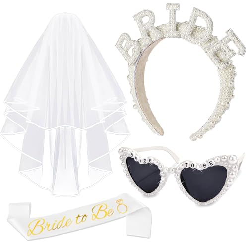 Brautaccessoires JGA Accessoires Frauen mit Bride to Be Haarreif Perlen Retro Braut Stirnband Herzbrille Schärpe Schleier, Bachelorette Geschenk JGA Deko Party Hochzeit Junggesellenabschied Frauen