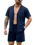 Irdcomps Schlafanzug Herren Kurz Pyjama Set Sommer Shorty Männer Baumwolle Nachtwäsche Kurzarm zum Knöpfen Navyblau M