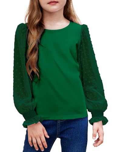 Arshiner Langarmshirt für Mädchen mit gesmokten Rüschenmanschetten Gepunktete Pullover Shirt für Mädchen süßes Rundhals Oberteil Bluse Tops Kinder Grün 140