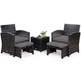 GIANTEX Rattan Gartenmöbel Set, Balkonmöbel Kleiner Balkon, Balkonmöbel Set 2 Sessel mit Hocker, Balkonmöbel Set Balkon 2 Personen, Balkon Möbel Gartenlounge Gartengarnitur Garten Set (Graue Kissen)