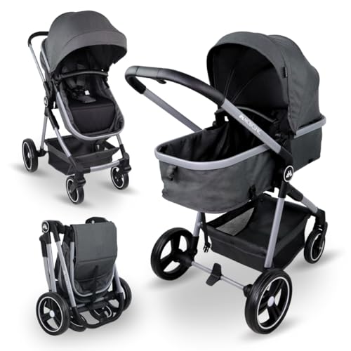 Mobiclinic® Kids, Kinderwagen + Babywanne, 2 in 1, Nuit, ultrakompakt, 5-Punkt-Gurtsystem, 22 kg, Einhandbedienung, verstellbar, verstellbare Rückenlehne, Motorhaube, Korb, Fußbremse, wendbar