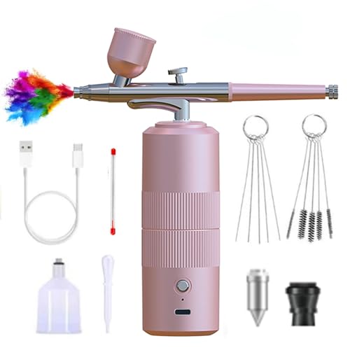 XIEANDKONG Airbrush Set, Dual-Action Airbrushpistole mit Kompressor, 36PSI Portable Air Brush Set für Make-up Kunst Handwerk Kuchen Tattoo Modell Dekoration Nageldesign mit 0,3 mm Düse (Pink-A05)