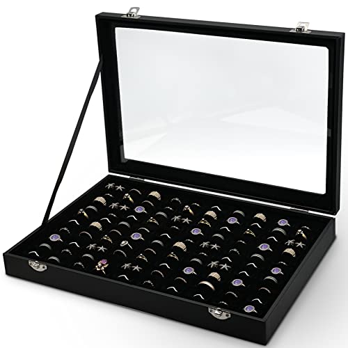 Praknu Ringbox für 100 Ringe - Mit Sichtfenster - Staub- und Kratzschutz - Platzsparend - Ringdisplay für Aufbewahrung und Präsentation vom Schmuck