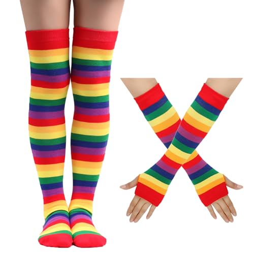 GUTERTOP Regenbogen Kniestrümpfe und Armstulpen Set, Bunte Oberschenkel Hohe Socken Bein Strumpf, Streifen Arm Wärmer Socken Fingerlose Handschuhe Hülsen-Set für Frauen Mädchen Party Stützen