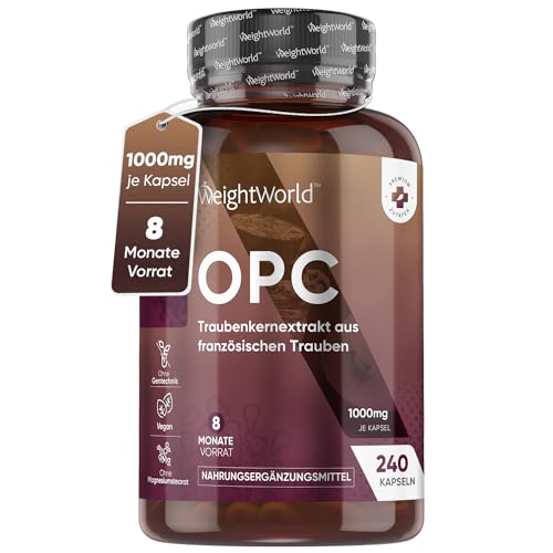 OPC Traubenkernextrakt - 240 Stücke - 1000mg Extrakt je Kapsel - 8 Monate Vorrat - 95% reines OPC - Oligomeric Proanthocyanidins - Aus französischen Weintrauben - WeightWorld