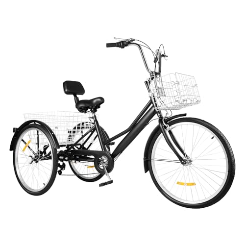CAIYGG 24 Zoll Erwachsenendreirad 7-Gang 3-Rad Fahrrad Dreirad Zwei Körbe Stahl mit Hohem Kohlenstoffgehalt für Erwachsene Männer, Frauen und ältere Menschen Geeignet