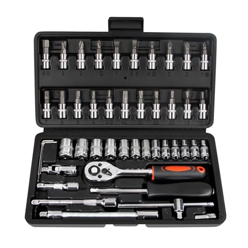 LLNEDL 1/4 Zoll Steckschlüsselsatz, 46 teilig Steckschlüssel Bit Set Metrisches mit Flexiblen Verlängerungsstangen, Schnellspann Umschaltknarre -für die Reparatur zu Hause und DIY