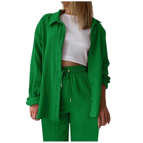 Zweiteiler Damen Sommer Outfits Musselin Bluse und Shorts, Aesthetic 2 Teiler Lounge Set Elegant Sportanzug Oversize Hosenanzug Langarm Hausanzug Y2K Clothes,Grün,XXL