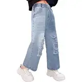 MEILONGER Mädchen Jeans Hosen Breite Bein/Flare/Skinny Denim Hose Reißes Hohe Taille Gummiband Casual mit Taschen Größe 8, 10-12, 14-16(Blau-10-12)