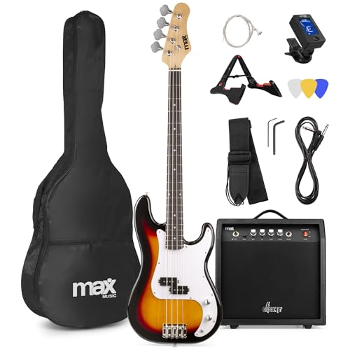 MAX GigKit Bassgitarre Set, E Bass Gitarre, Bass Guitar mit Gitarrenverstärker, Tasche, Stimmgerät, Plektren, Ständer, Gurt, Kabel und Ersatzsaiten - 21 Bünde - Sunburst