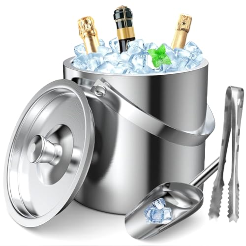 GMGXX Eiswürfelbehälter Edelstahl, 2L Eiseimer mit Doppelwand-Design, Eisbehälter für Eiswürfel Eiskübel mit Deckel & Eisschaufel & Zangen, Tragbar Eiskühler zum Kühlen von Bier Champagner Wein