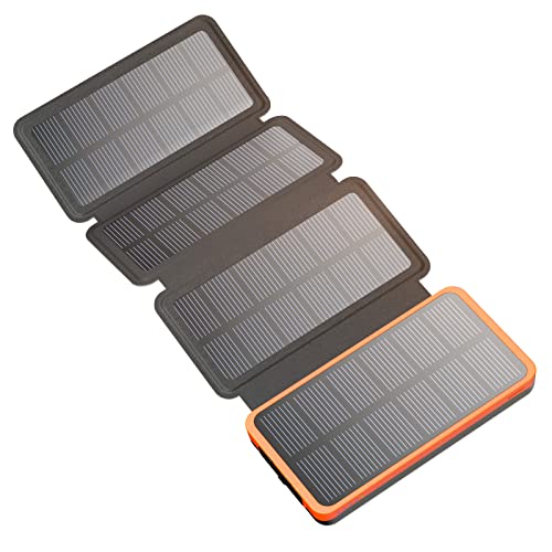 Hiluckey Solar Powerbank 25000mAh mit 4 Solarpanels, 3A Schnelles Aufladen USB C Tragbares Solar Ladegerät mit 3 Ausgänge Externer Akku für Handy Tablet