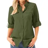 Asfixiado Damen Hemdbluse UV Shirt UPF 50+ Safari Kleidung Wanderbluse Damen Outdoor Cooling Quick Dry Sonnenschutz Langarm Luftiges Hemd（5072 Army Green L）