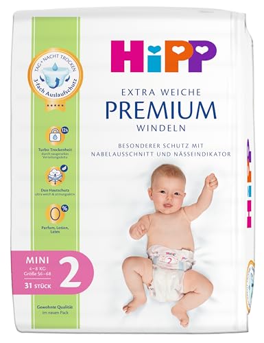 HiPP Extra Weiche Premium Windeln 2, Mini 4-8 kg, 93 Stück (3 Packungen mit 31), mit 3-fach Auslaufschutz und Duo Hautschutz