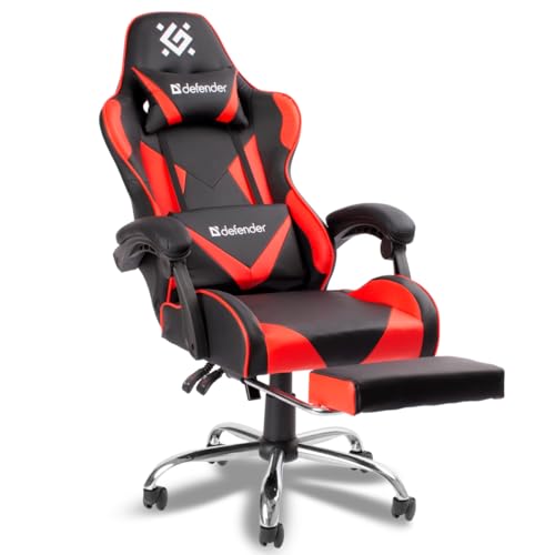 Defender Pilot Gaming PC Stuhl mit Fußstütze - Ergonomisch Sessel Lumbalstütze, Kopfstütze, Höhenverstellbar, bis 140kg Bürostuhl Kunstleder, Rot/Schwarz, Verstellbare Rückenlehne, 135° Neigungswinkel