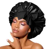 BONNET QUEEN Seidenhaube zum Schlafen, Satin Haarhaube für Damen & Herren, für die Nacht Schlafmütze Bonnet für Lockiges, Seidenhaube mit Breitem Elastikband, Motorhaube für Nacht & Alltag(Schwarz)