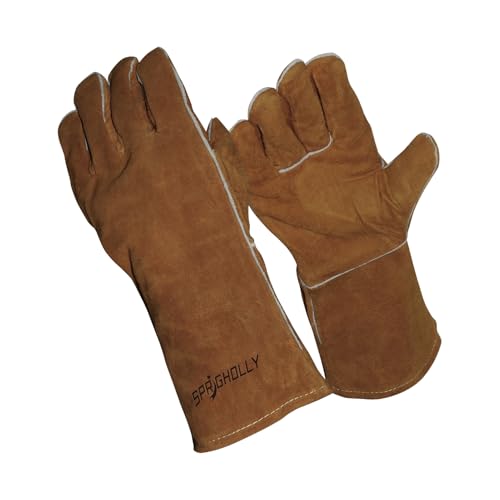 SPRIGHOLLY Schweißhandschuhe aus hitze- und feuerfestem Leder für Stick, Mig, Tig, Schmiede, Grill, Grill, Kamin, Holzofen, Ofen, Ofen, Topf Grau,14 Zoll dunkelbraun
