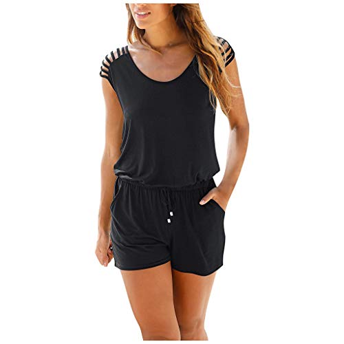 Saclerpnt Damen Jumpsuit Elegant Sommer Latzhose Ärmellos Kurz Hosenanzug O-Ausschnitt Jumpsuit Overall Playsuit,Schwarz,L