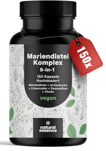 Mariendistel Artischocke Löwenzahn Komplex Hochdosiert - 150 Kapseln - 5-in-1 Leber Kur Komplex mit Mariendistel + Artischocke + Löwenzahn + Desmodium + Cholin - Vegan Laborgeprüft