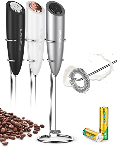 SimpleTaste Milchaufschäumer Elektrisch, Handheld Milchaufschäumer mit 2 Batterie und Edelstahl Standfuß, Manuelle Milchschäumer mit Elektrischer Starker Motor, Milk Frother (Silber)