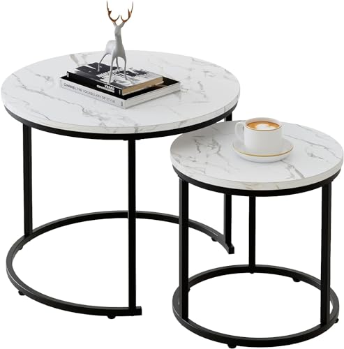 Couchtisch Rund, Satztisch 2er Set, Wohnzimmertisch, Couchtisch aus Holz, Beistelltisch Set, Sofatisch für Wohnzimmer, Schlafzimmer, Büro, Balkon, Schwarz Metallgestell und Weiß Marmor Tischplatte