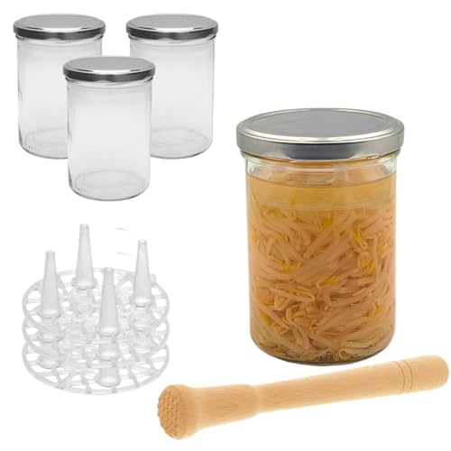 Fermentieren Starter Set 4x Fermentierglas 435 ml mit Deckel PVC frei, Fermentiergitter, Holzstampfer und Etiketten