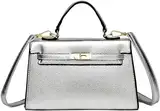 BAUFAS Damen Handtaschen mit Henkel aus glänzendem Leder, mittelgroße Umhängetasche, trendige Schultertasche, Geldbörse, Clutch(Silver)