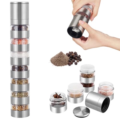 7 in 1 Gewürzstreuer, Reise Mini Gewürzgläser Set, Gewürzdosen mit Mühle und Deckel Gewürzmühle Camping Outdoor Mini Gewürz Set Edelstahl Tragbare Gewürzstreuer für Picknick BBQ Reise Spice Jars