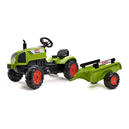 Falk 2041C Trettraktor Claas Arion 410 mit Anhänger und aufklappbarer Motorhaube, Bagger, Tret-Baggerlader, Trettraktor ab 2-5 Jahren, Outdoor-Spielzeug