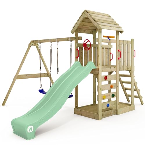 WICKEY Spielturm Klettergerüst MultiFlyer mit Holzdach, Schaukel & pastellgrüner Rutsche, Outdoor Kinder Kletterturm mit Sandkasten, Leiter & Spiel-Zubehör für den Garten