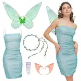 Joellfuner Feen Kostüm Damen, Feenflügel kostüm, Waldfee Flügel Kleid Damen mit Fee Flügel & Elfenohren & Blumenkranz, Elfenflügel Kostüm Damen für Erwachsene Karneval Cosplay Forest Fairy (M)